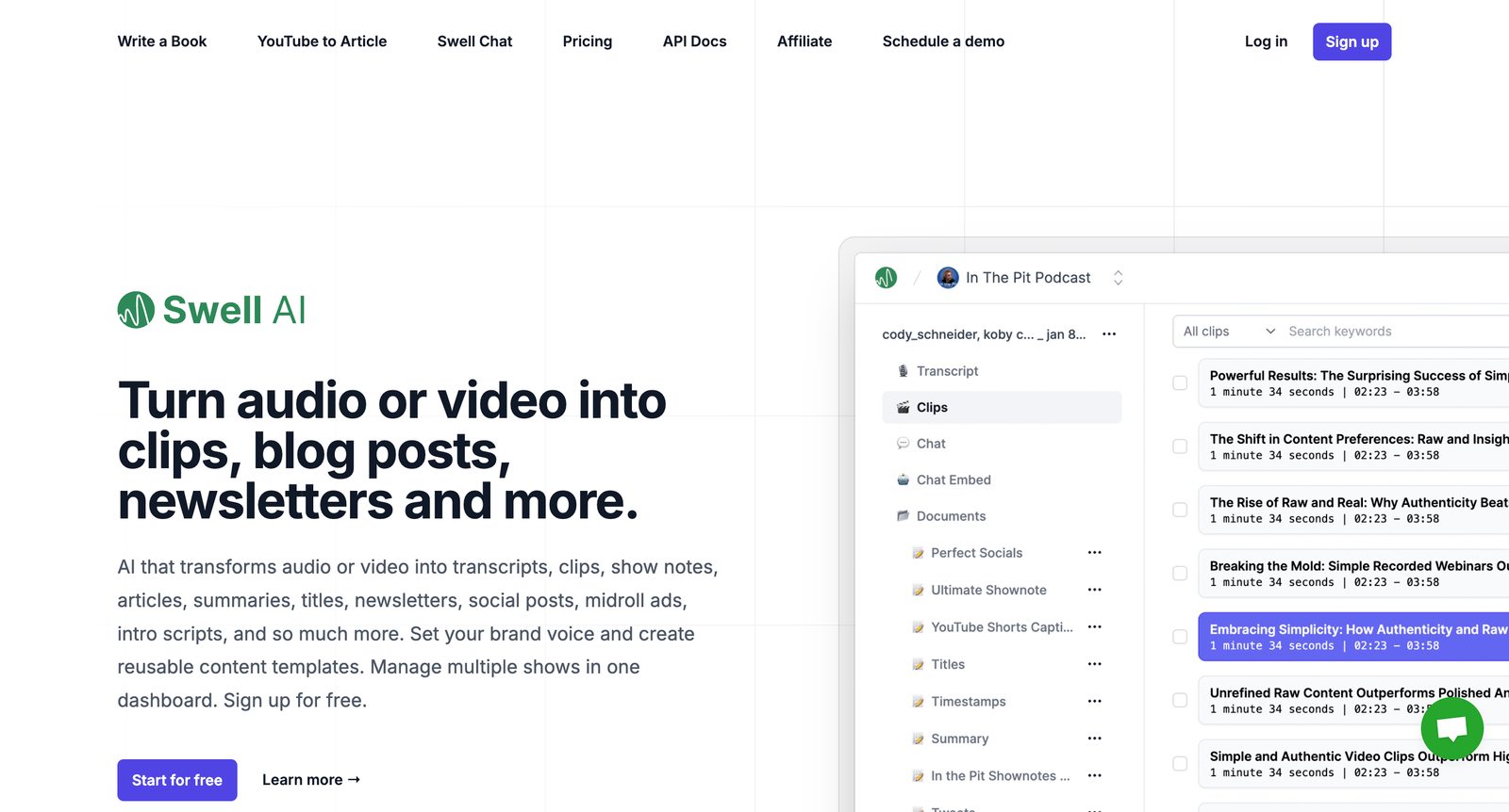 Swell AI homepage showcasing its AI-powered tool that transforms audio and video into blog posts, clips, newsletters, and more, with a call-to-action to start for free or learn more.